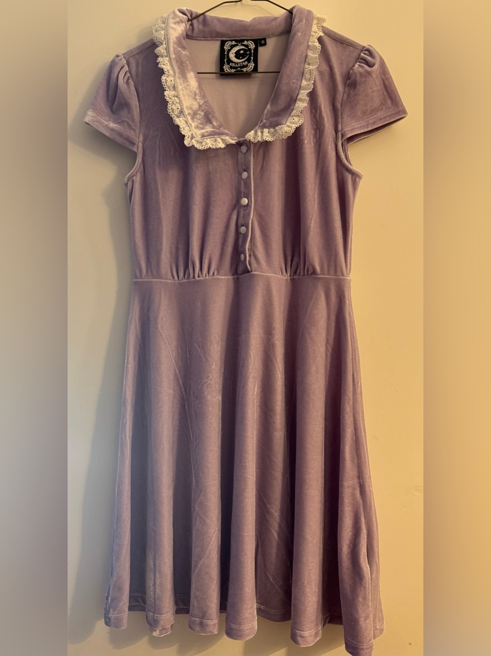 Killstar “Every Morning” Pastel Lilac Velvet Skater Dress with white lace collar